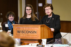 UW-Madison Chancellor Rebecca Blank introduces freshman MacKenzie Straub during the UW Systems President's Student Spotlight at the UW System Board of Regents meeting hosted at Union South at the University of Wisconsin-Madison on Feb. 8, 2019. (Photo by Bryce Richter /UW-Madison)