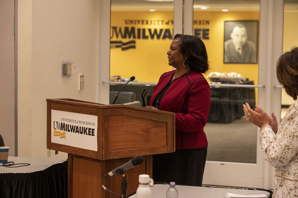 Photo of Regent Carolyn Stanford Taylor speaking about her service on the board