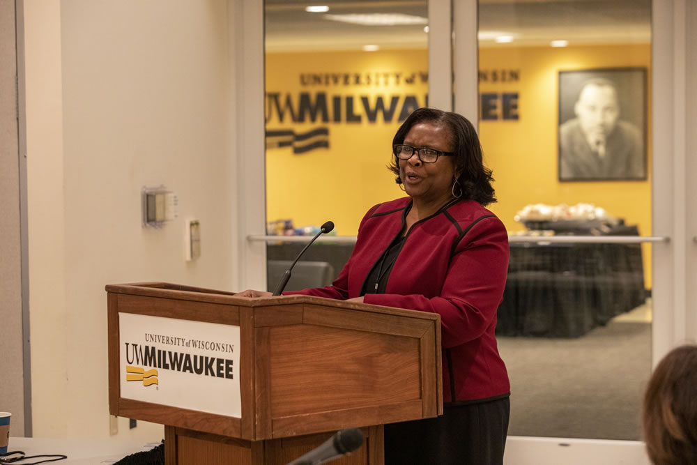 Photo of Regent Carolyn Stanford Taylor speaking about her service on the board