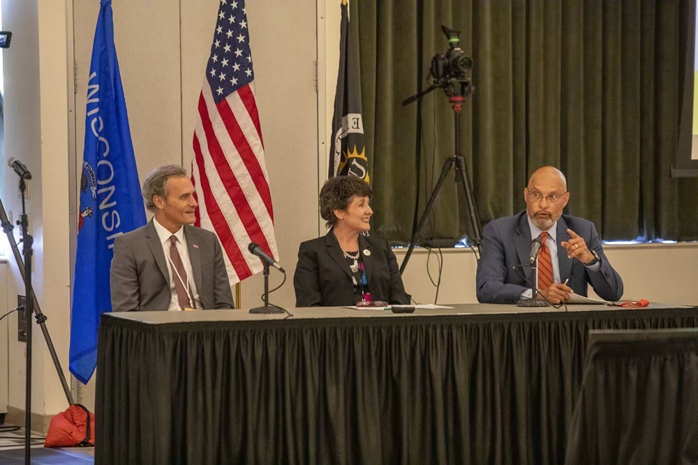 Photo of Chancellor panel (from left) Chancellors Joe Gow, Debbie Ford, and Dennis Shields