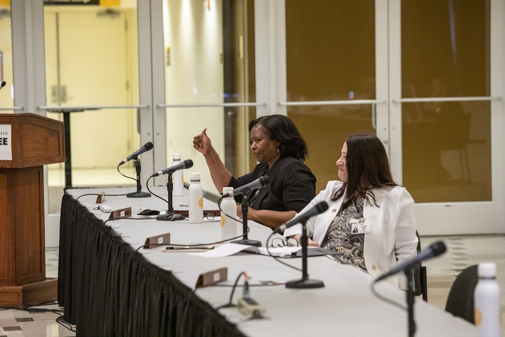 Photo of Regent Carolyn Stanford Taylor (left) giving "thumbs up" with Regent Karen Walsh
